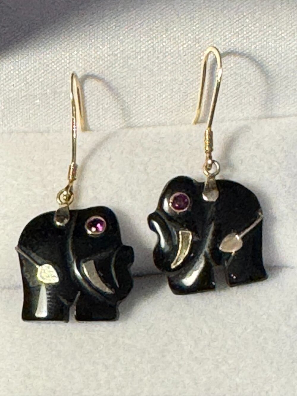 BLACK ONYX & 14K GOLD ELEPHANT EARRINGS WITH PINK RUBY GEMSTONE EYE
